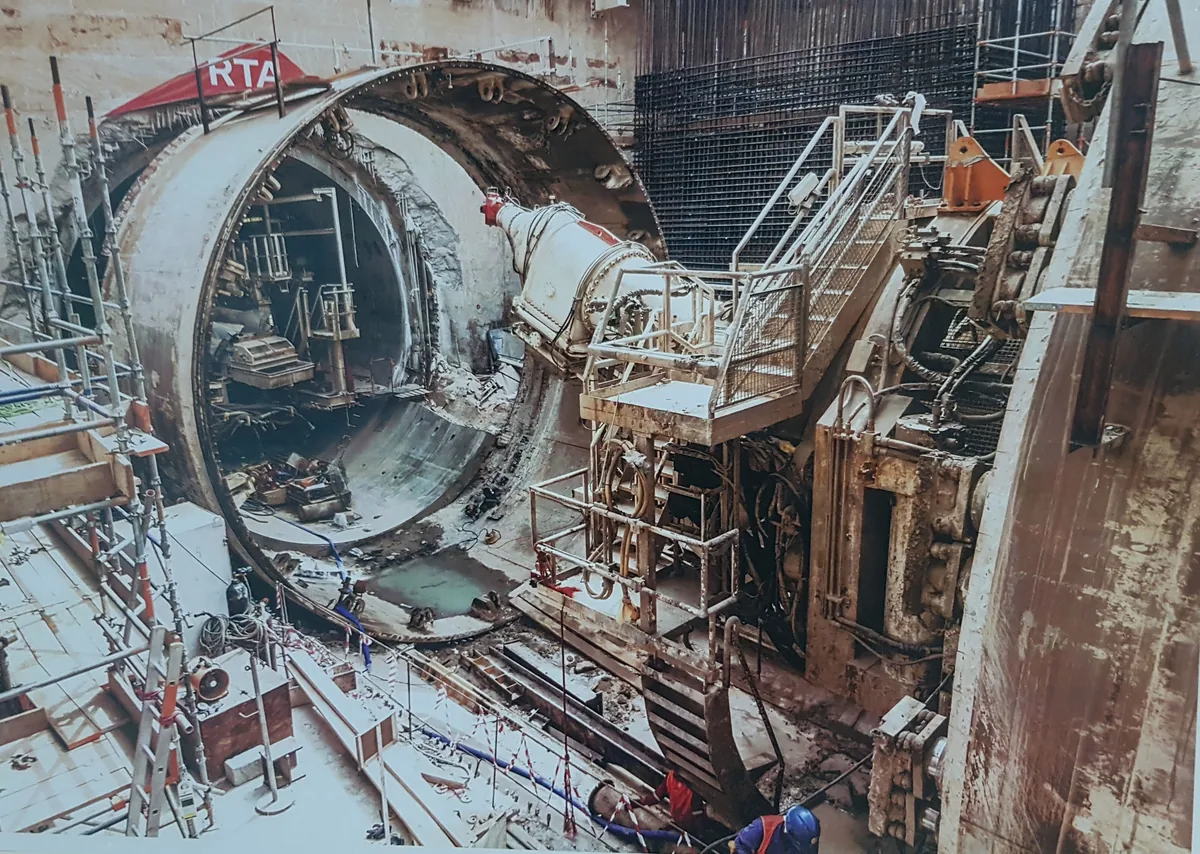 A tunnel boring machine in the launch shaft, marked RTA