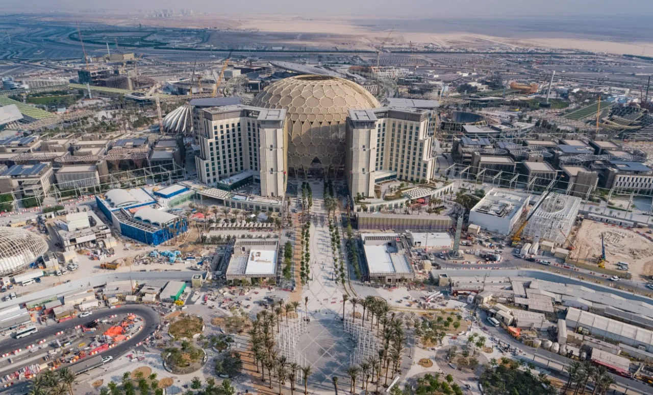 Aerial view of the Expo 2020 Dubai site with the Al Wasl dome at its centre