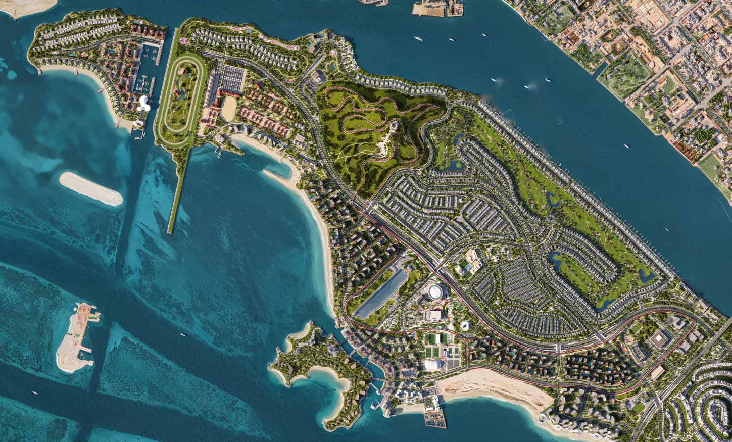 Aerial masterplan view of the Hudayriyat West island development in Abu Dhabi, showing the velodrome, coastline, parkland and neighbourhoods