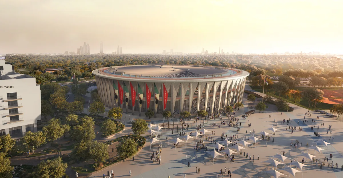 Aerial view of the velodrome with the Abu Dhabi skyline beyond