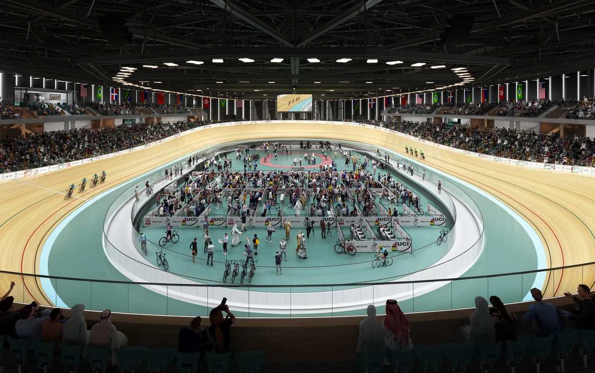 Interior view of the velodrome competition track and spectator bowl
