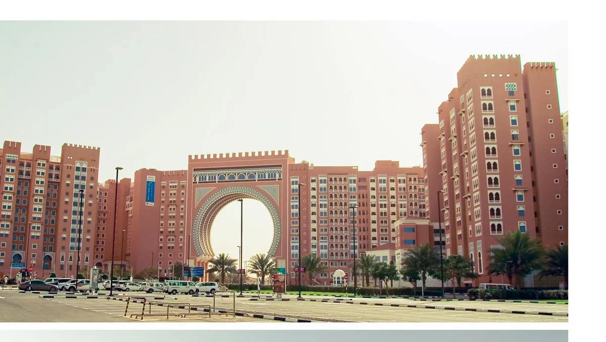 Wide view of the Ibn Battuta Gate development with its circular gateway between the residential blocks